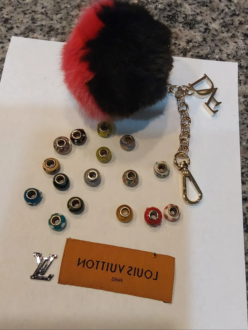 Louis Vuitton & DVF Red and Black Fur Pom‎ Pom Key Charm with Gold Hardware